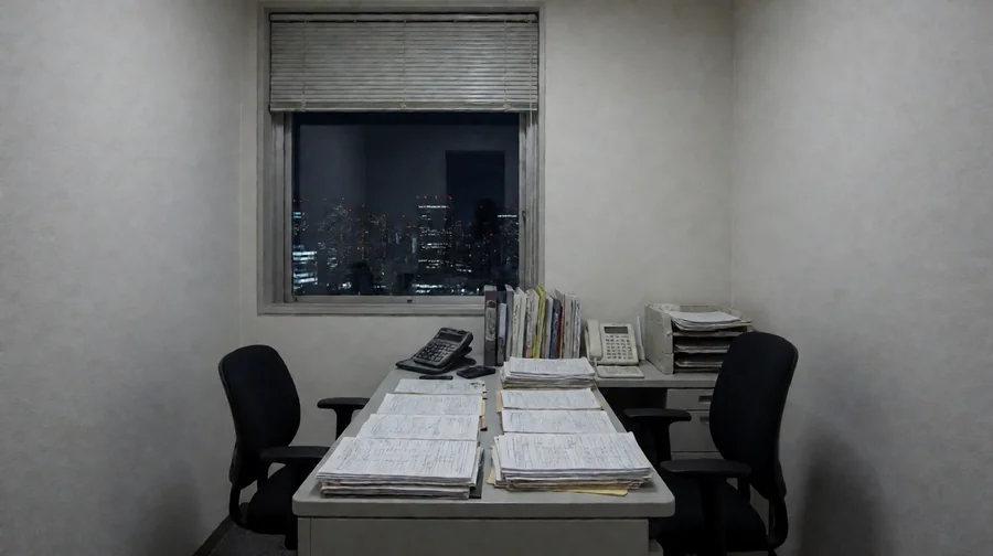明日花绮罗个人作品作品整理配图；夜景窗前堆放文件的办公桌与空椅
